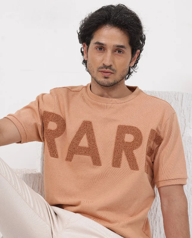 Men's Shirts with Adjustable HemlinesRare Rabbit Mens Nor-2 Dusky Orange Loopback Terry Fabric Half Sleeves Towel Embroidered Oversized T-Shirt