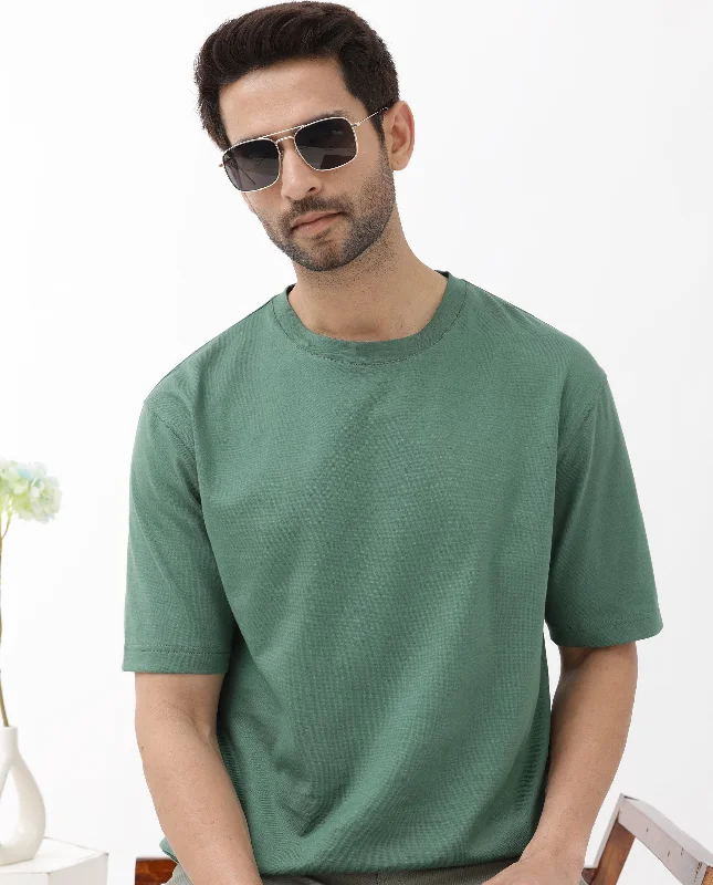 Men's Shirts with Pocket SquaresRare Rabbit Men's Gallos Green Cotton Fabric Half Sleeves Oversized Fit Solid T-Shirt