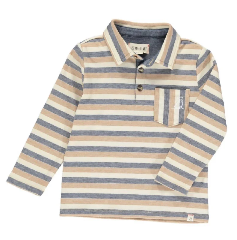 Men's Shirts with Velcro ClosuresBoy's Long Sleeve Polo Shirt In Rockwood Beige & Navy Stripe