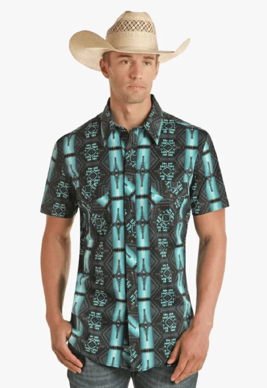 Men's Machine-Washable Shirts for ConvenienceRock and Roll Mens Aztec Print Snap Short Sleeve Shirt