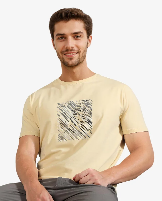 Men's Shirts for Outdoor ActivitiesRare Rabbit Men's Otter Yellow Crew Neck Graphic Printed Half Sleeves Slim Fit T-Shirt