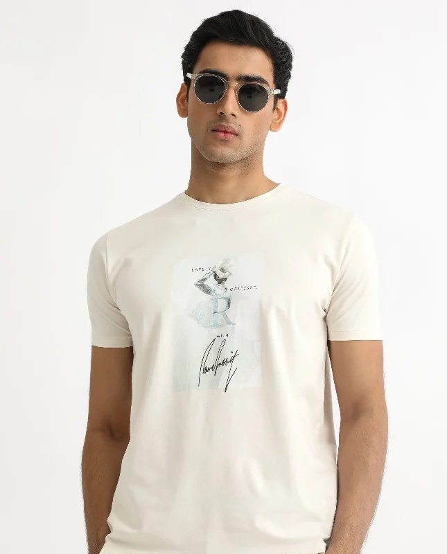 Men's Shirts with Custom MonogramsRare Rabbit Men's Hats Off White Crew Neck Graphic Printed with Brand Signature Half Sleeves Regular Fit T-Shirt