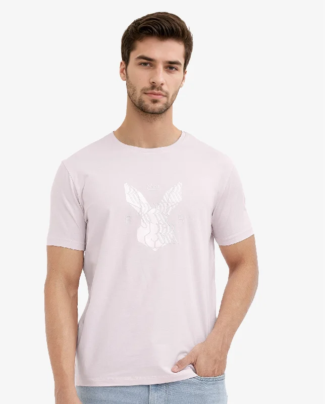 Men's Shirts with Roll-Up SleevesRare Rabbit Mens Iced Pastel Pink Cotton Lycra Fabric Short Sleeve Logo Graphic Print T-Shirt