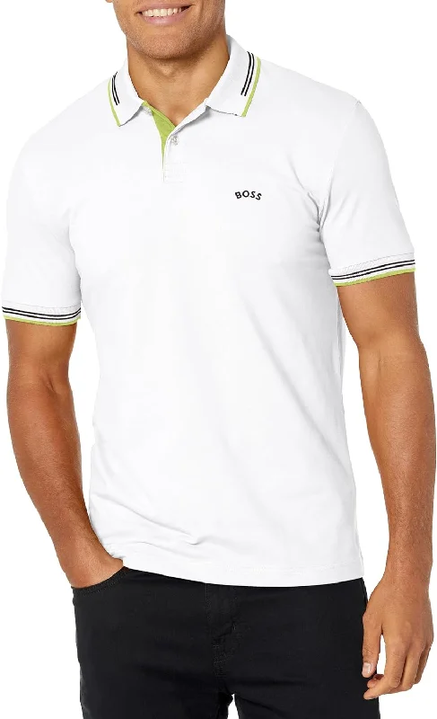 Men's Shirts with Patchwork SleevesHUGO BOSS Men Paul Modern Essential Blank White/Electric Lime Polo T-Shirt