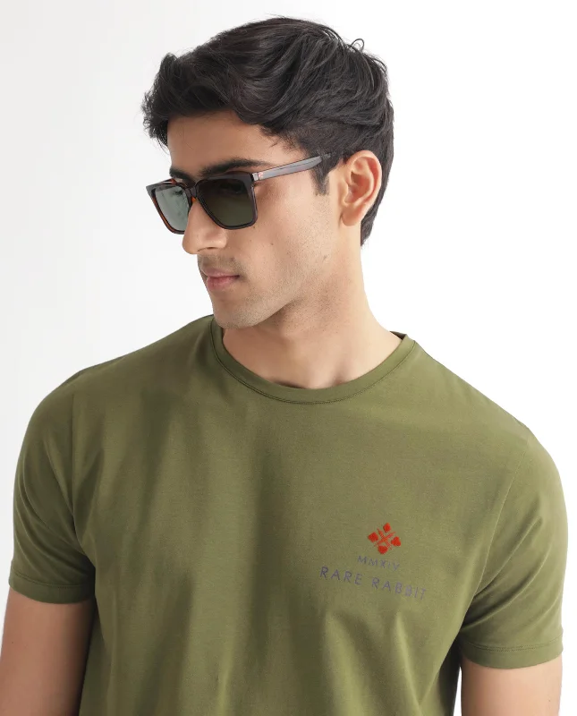 Men's Shirts with Lace-Up HemlinesRare Rabbit Men's Castel Green Crew Neck Graphic Print Branded Half Sleeves T-Shirt