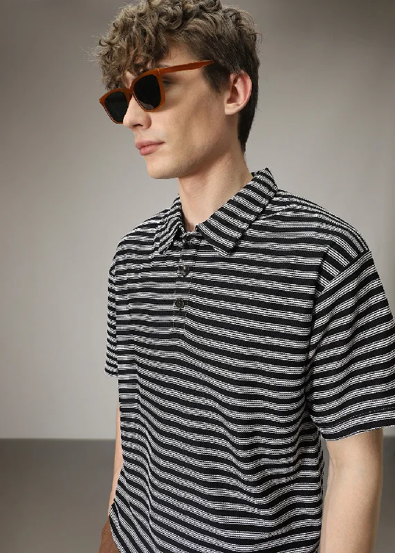 Men's Shirts with Embellished SleevesStriped Black Oversized Polo  T-shirt