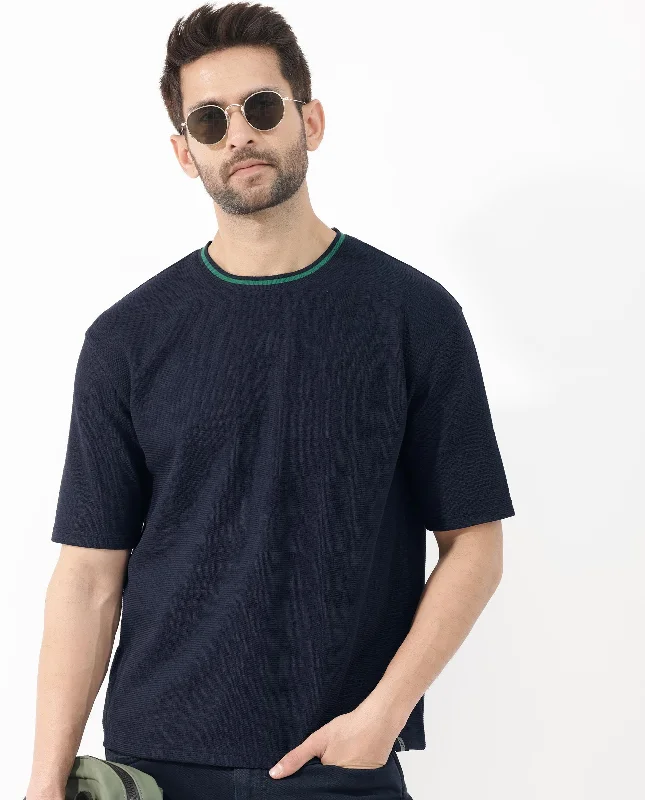Men's Unique and Designer TopsRare Rabbit Men's Adiso Navy Cotton Fabric Half Sleeves Oversized Textured T-Shirt Men's Unique and Designer TopsRare Rabbit Men's Adiso Navy Cotton Fabric Half Sleeves Oversized Textured T-Shirt