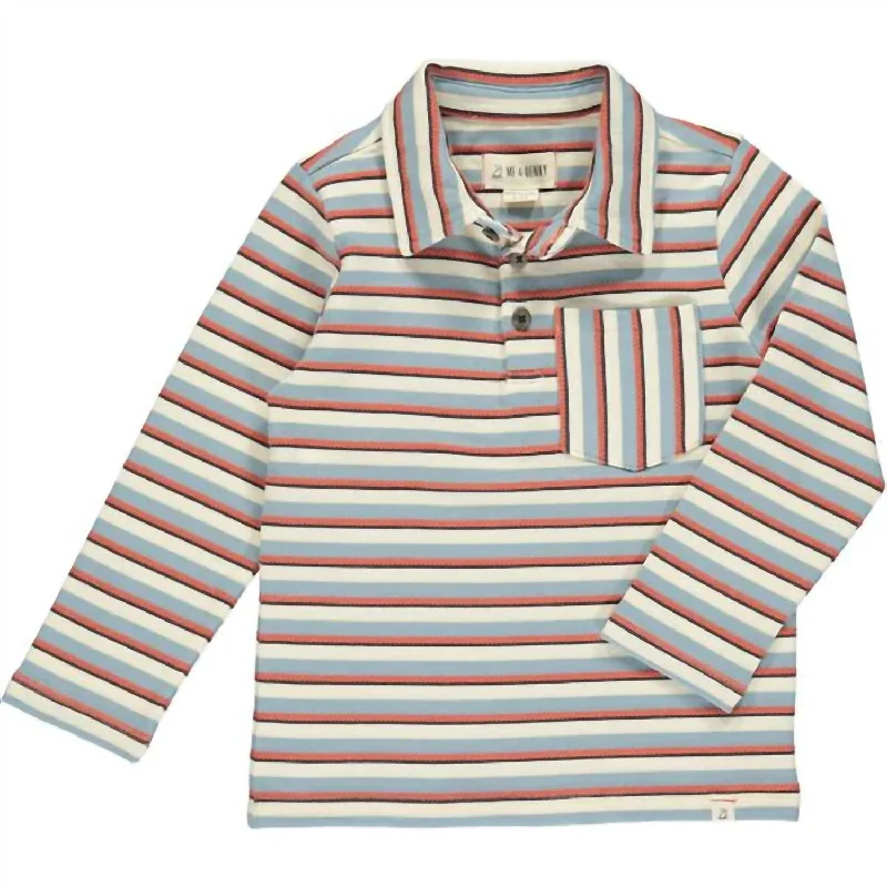 Men's Shirts with Snap ButtonsBoy's Waverly Stripe Long Sleeve Polo Shirt In Blue Burgundy