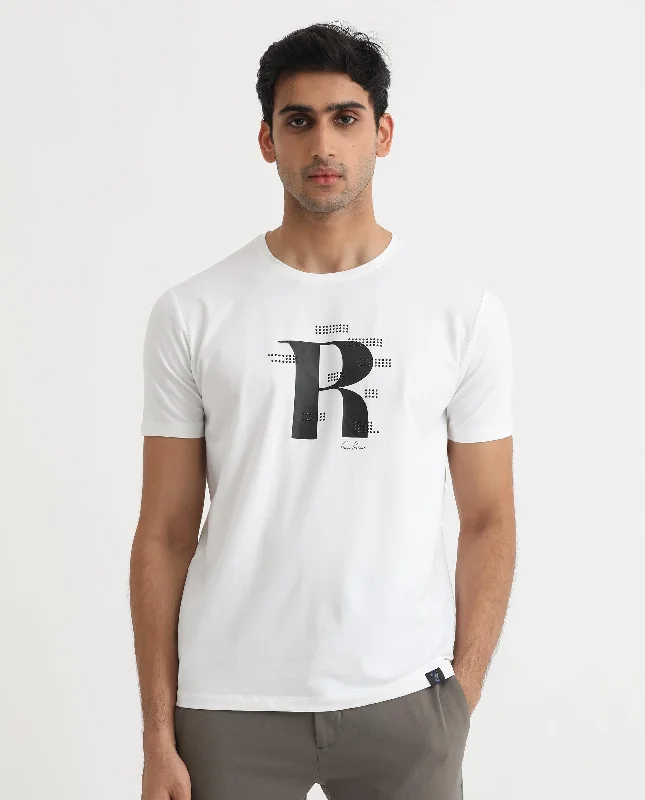 Men's Shirts with UV ProtectionRare Rabbit Men's Radi White Crew Neck Logo Half Sleeves Regular Fit Graphic Print Stud Detail T-Shirt