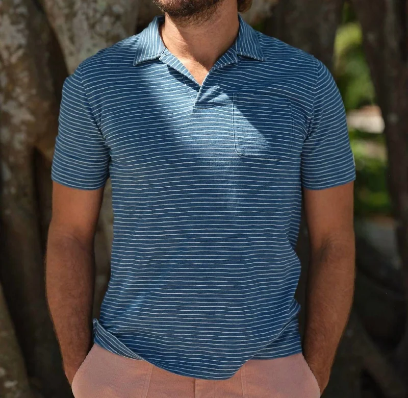 Men's Shirts with Ruffled HemlinesIndigo Polo Shirt In Blue & White Slub Stripe