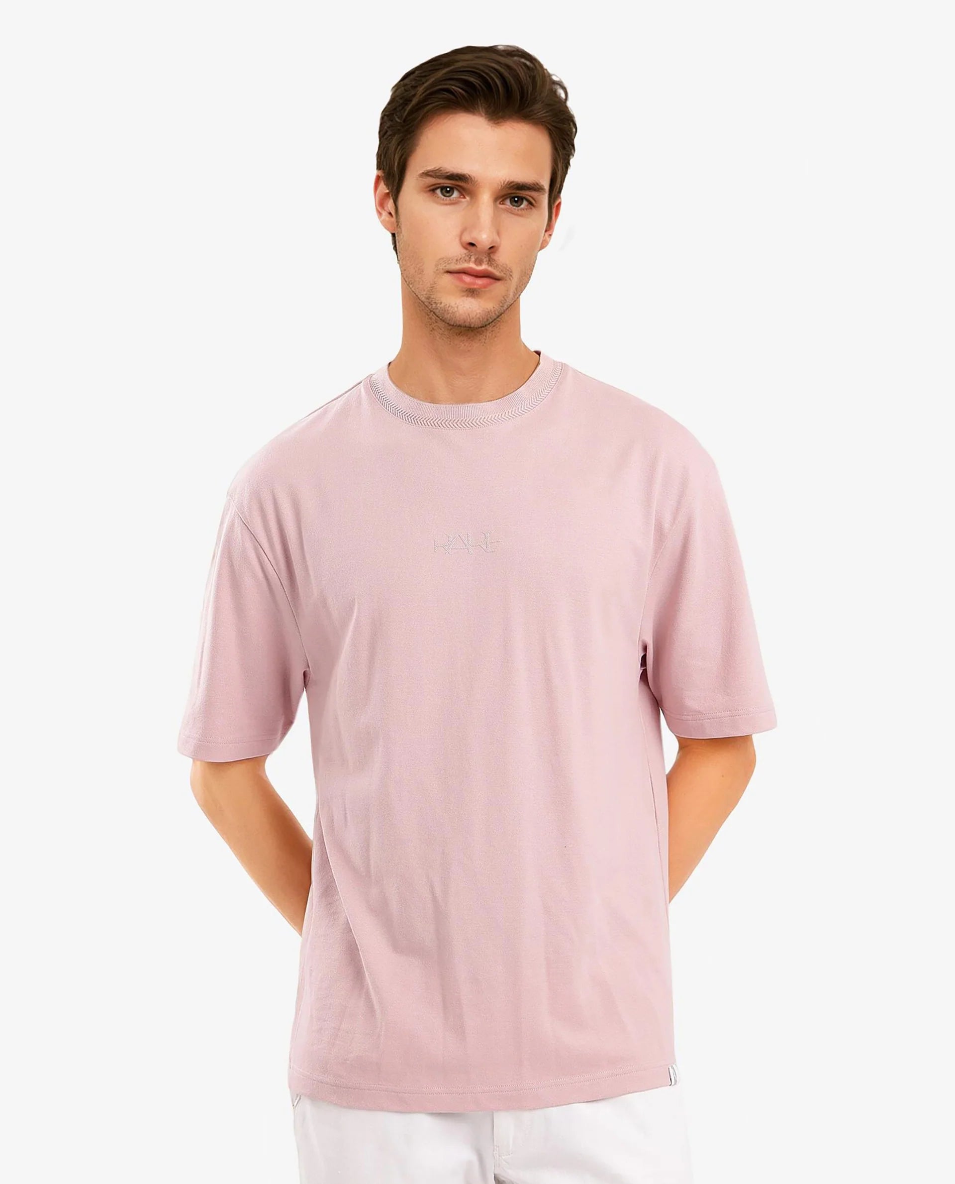 Men's Shirts with Elastic WaistbandsRare Rabbit Mens Heros-1 Light Pink Cotton Lycra Fabric Blend Drop Shoulder Short Sleeve Oversized Fit Embroidered Logo T-Shirt