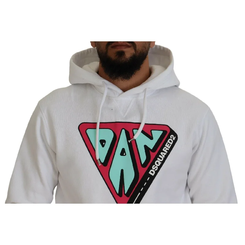 Men's Sweaters with Long SleevesDsquared² White Cotton Hooded Printed Pullover Men's Sweater (Pre-Owned)