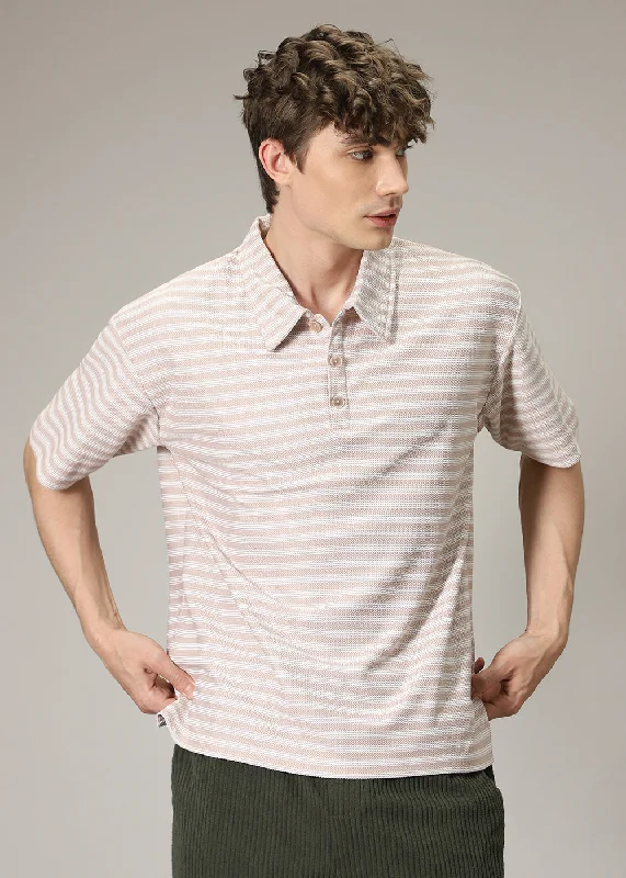 Comfortable Men's Polo ShirtsStriped Cream Oversized Polo  T-shirt