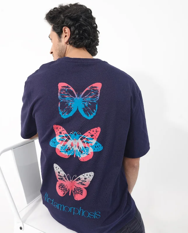 Men's Short-Sleeved ShirtsRare Rabbit Articale Men's Meta Navy Cotton Polyester Fabric Crew Neck Oversized Fit Knit Graphic Print T-Shirt