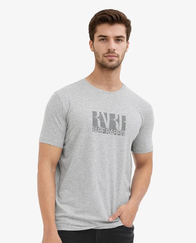 Men's Shirts with Contrast CollarsRare Rabbit Men's Luno Mel Grey Cotton Lycra Fabric Half Sleeves Melange Graphic Print T-Shirt