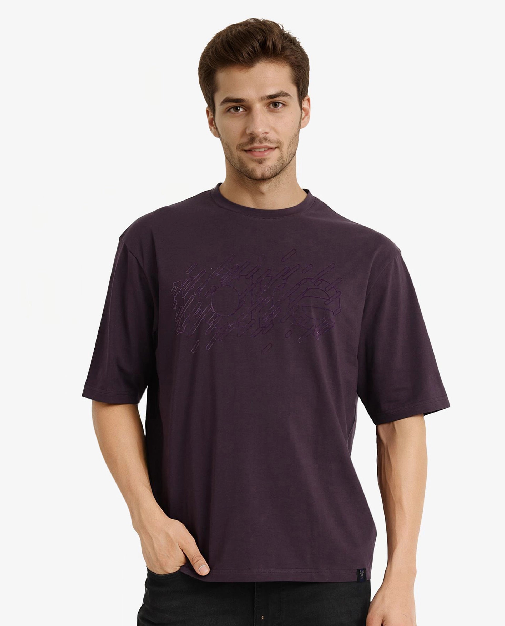 Striped Men's TopsRare Rabbit Men Ammon Dark Purple Cotton Lycra Fabric Short Sleeve Crew Neck Oversized Fit Graphic Print T-Shirt Striped Men's TopsRare Rabbit Men Ammon Dark Purple Cotton Lycra Fabric Short Sleeve Crew Neck Oversized Fit Graphic Print T-Shirt
