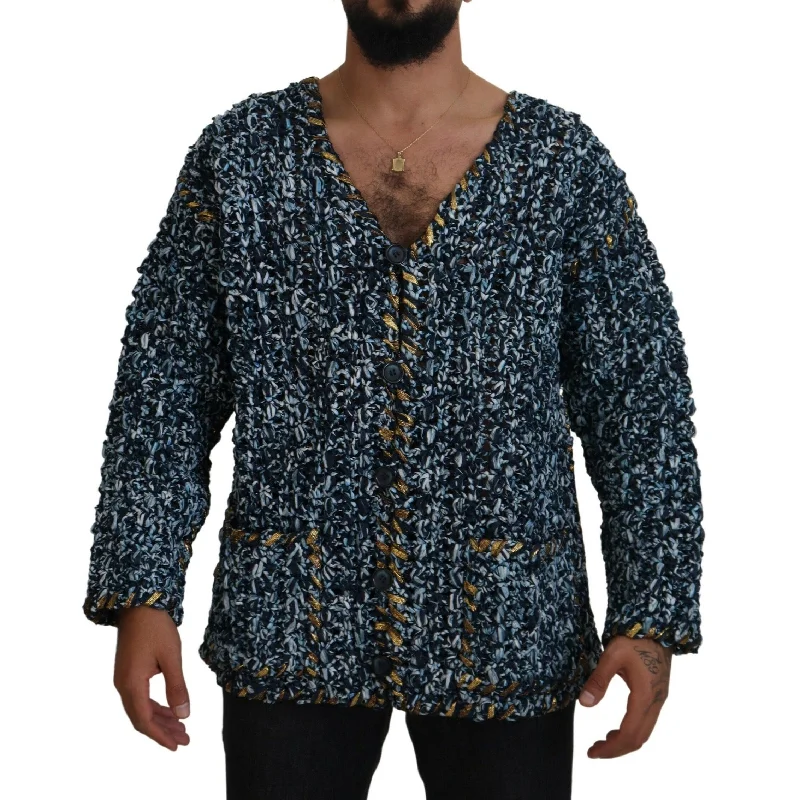 Men's Sweaters in Metallic ColorsDolce & Gabbana Elegant Blue V-Neck Cardigan Men's Sweater Men's Sweaters in Metallic ColorsDolce & Gabbana Elegant Blue V-Neck Cardigan Men's Sweater