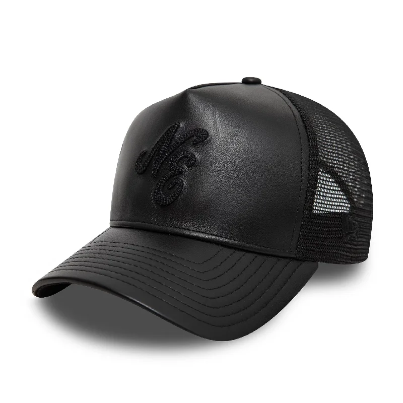 Women's Beanie CapsNew Era Leather Black 9FORTY A-Frame Trucker Adjustable Cap