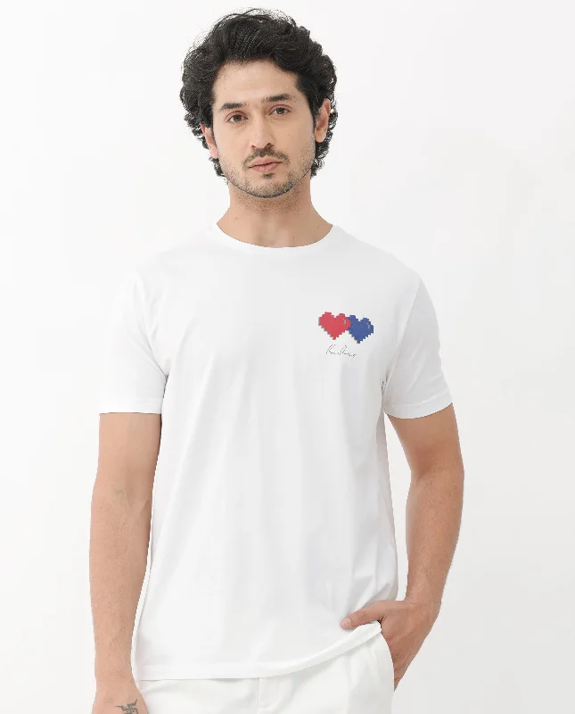 Men's Shirts with Mandarin CollarsRare Rabbit Mens Aorta-1 White Cotton Lycra Fabric Short Sleeve Skinny Fit Graphic Print T-Shirt