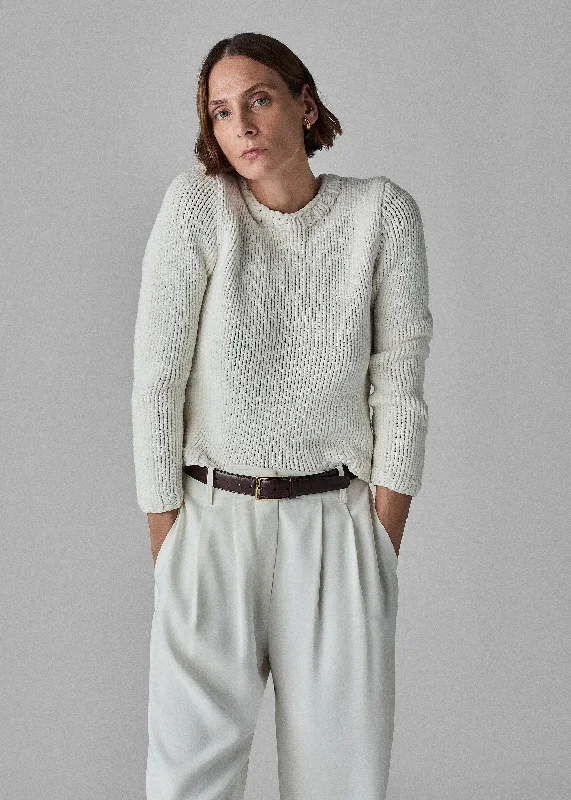 Men's Sweaters with ZippersHandknit Crew Sweater in Cotton - White