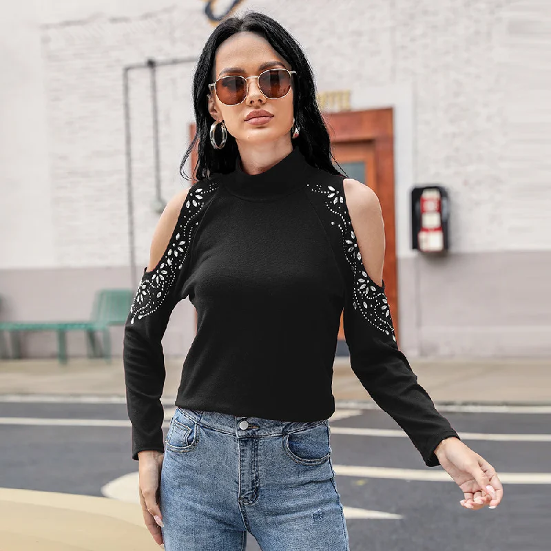 Men's Sleeveless Shirts for Summer ComfortKittenAlarm - Women's Fashion Small Turtleneck Sexy Solid Color Rhinestone Beaded Off Shoulder Base Shirt Top Tee