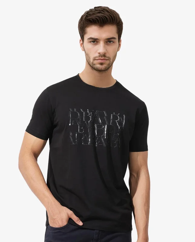 Men's Shirts for HikingRare Rabbit Men's Masco Black Cotton Lycra Fabric Half Sleeves Graphic Print T-Shirt