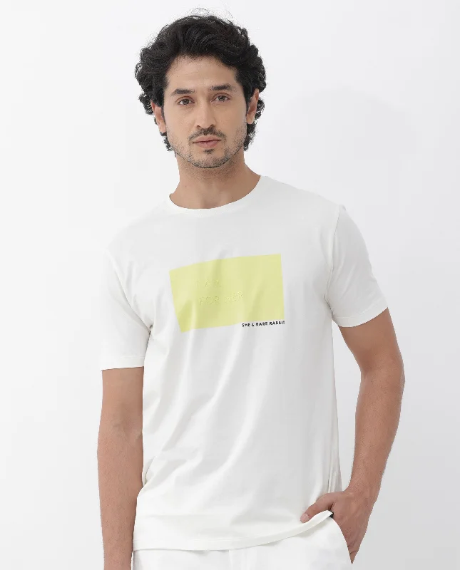 Men's Casual Shirts for Everyday WearRare Rabbit Mens Iam-1 White Cotton Lycra Fabric Short Sleeve Slim Fit Graphic Printed T-Shirt
