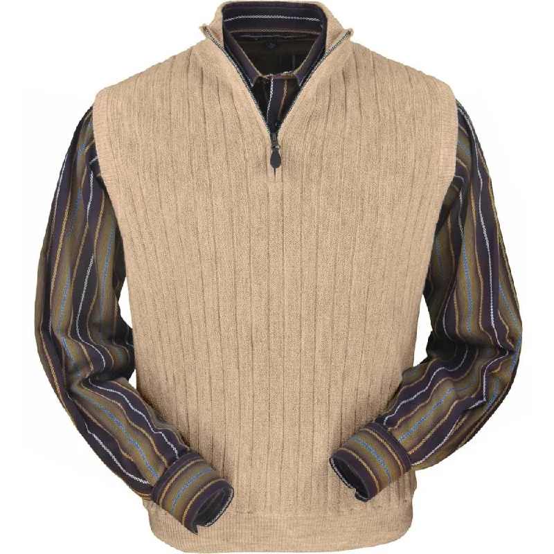 Men's Sweaters with Set-In SleevesBaby Alpaca 'Links Stitch' Ribbed Zip-Neck Sweater Vest in Beige Heather by Peru Unlimited