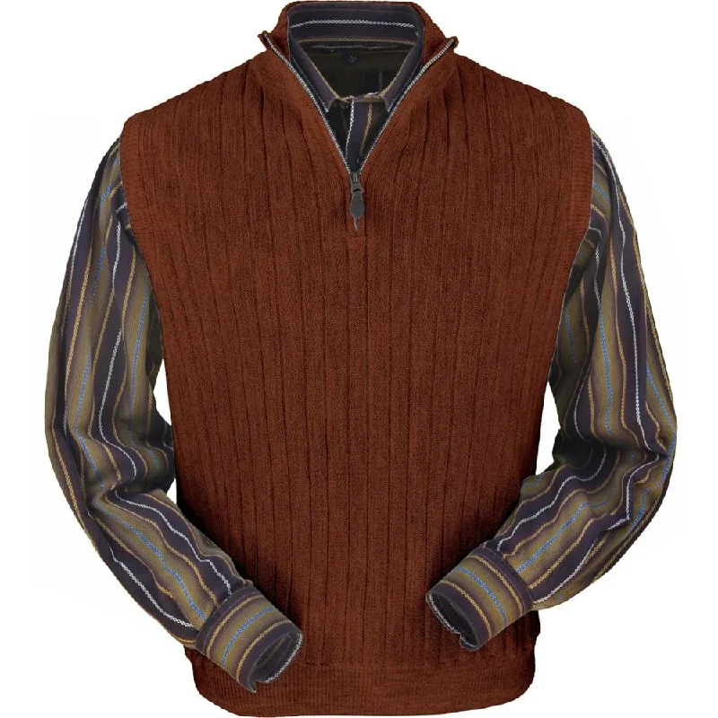 Men's Sweaters with Hidden PocketsBaby Alpaca 'Links Stitch' Ribbed Zip-Neck Sweater Vest in Rust Heather by Peru Unlimited