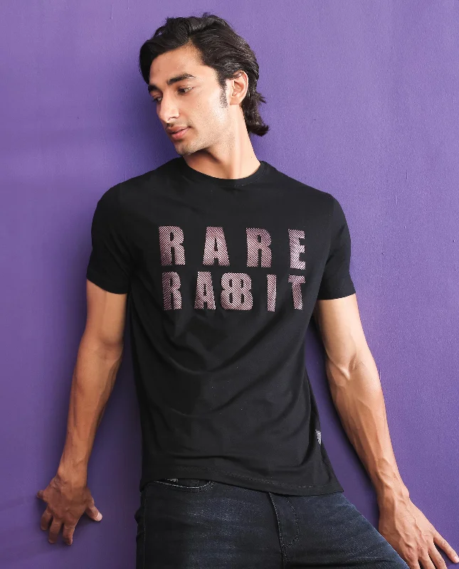 Men's Shirts with Spread CollarsRare Rabbit Mens Electricc Black Cotton Lycra Fabric Short Sleeves Crew Neck Slim Fit T-Shirt