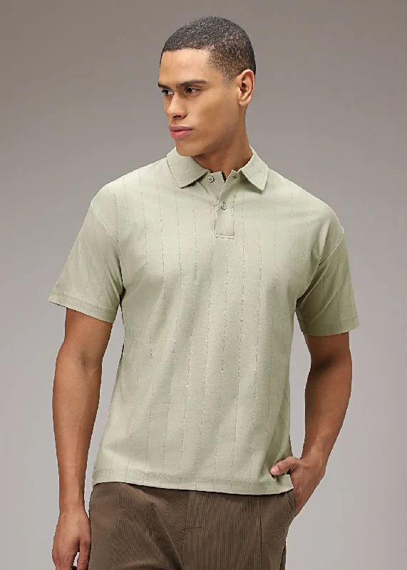 Men's Shirts with Snap ButtonsEcru Striped Drop Shoulder Polo T-shirt