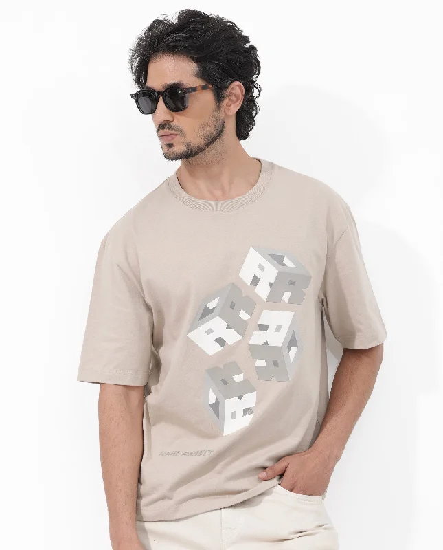 Durable Men's Work ShirtsRare Rabbit Articale Mens Carter Dusky Beige Cotton Fabric Short Sleeve Crew Neck Boxy Fit Printed T-Shirt