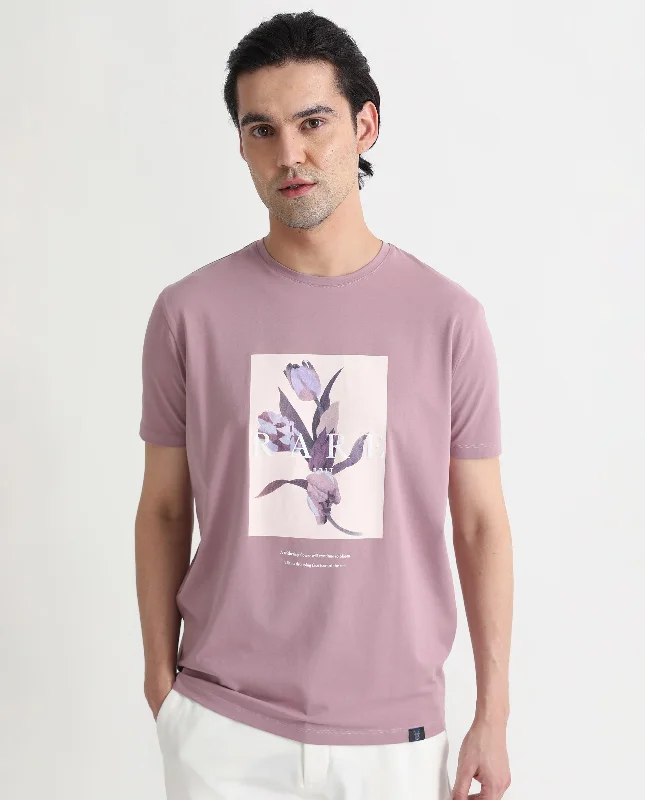 Men's Shirts with Double-Breasted DesignsRare Rabbit Men's Funes Dusky Pink Cotton Lycra Fabric Crew Neck Half Sleeves Regular Fit Floral Graphic Printed T-Shirt