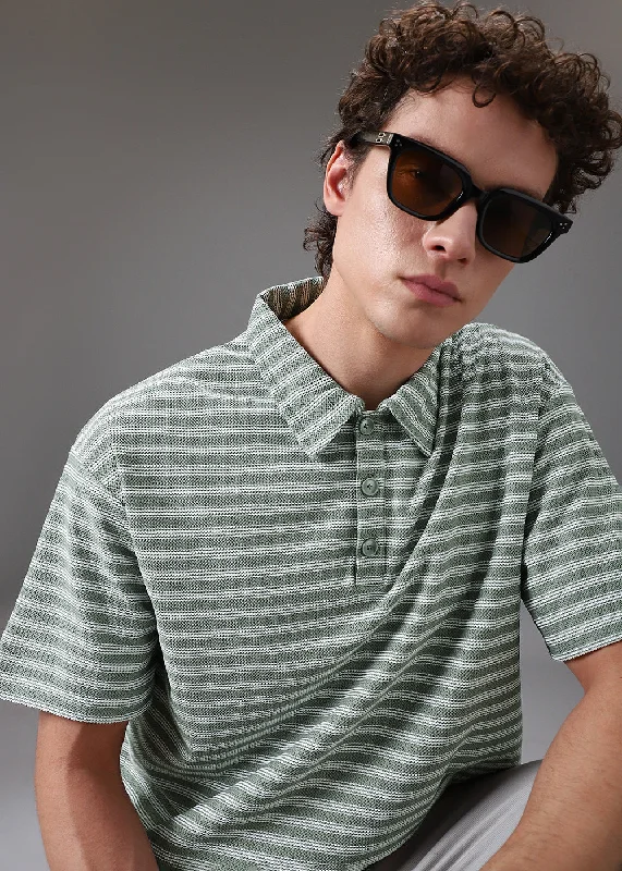 Men's Shirts with French CuffsStriped Green Oversized Polo  T-shirt