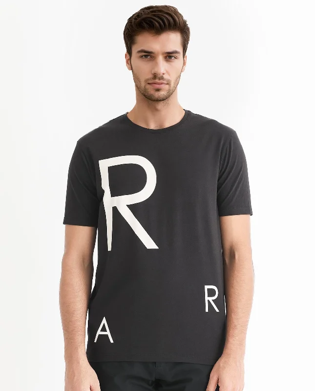 Men's Shirts with Spread CollarsRare Rabbit Men's Drover Black Crew Neck Overall Placement Print Branding Half Sleeves T-Shirt
