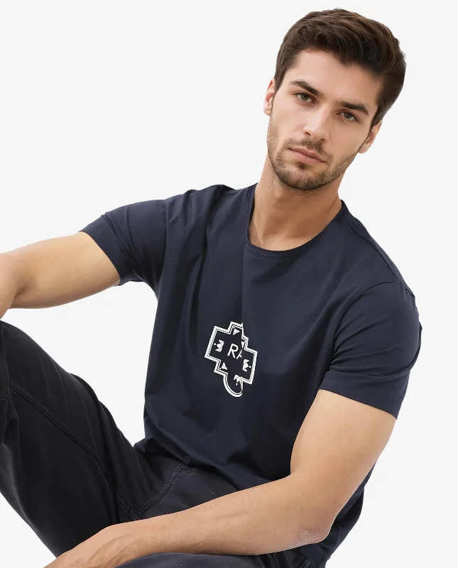 Men's Shirts with Button-Down PocketsRare Rabbit Men's Syrus Navy Cotton Lycra Fabric Half Sleeves Graphic Print T-Shirt