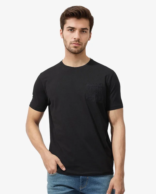 Men's Shirts with Tab CollarsRare Rabbit Men's Ammos Black Cotton Lycra Fabric Half Sleeves Embroidered Chest Pocket Solid T-Shirt