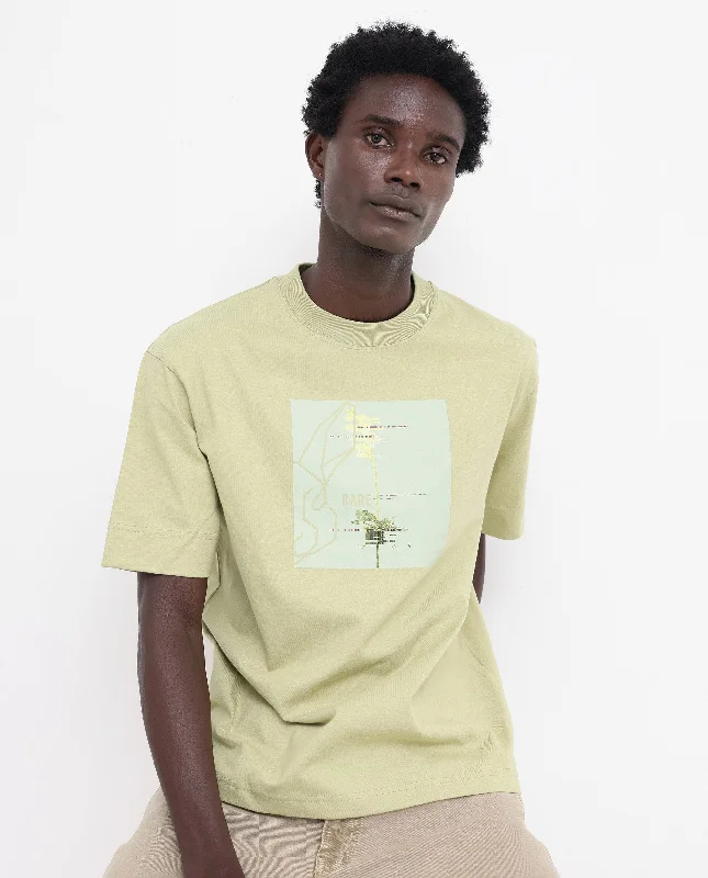 Men's Shirts with Geometric PatternsRare Rabbit Articale Mens Luca Light Green Cotton Polyester Fabric Short Sleeve Crew Neck Oversized Fit Graphic Printed T-Shirt
