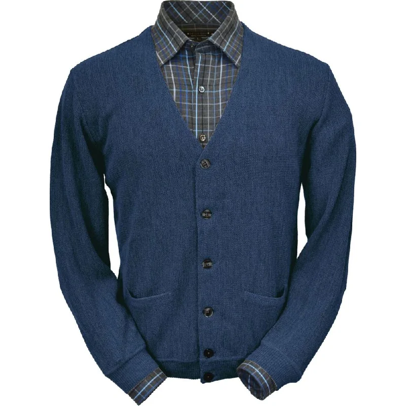 Men's Sweaters with Intarsia DesignsBaby Alpaca 'Links Stitch' V-Neck Cardigan Sweater in Denim Heather by Peru Unlimited