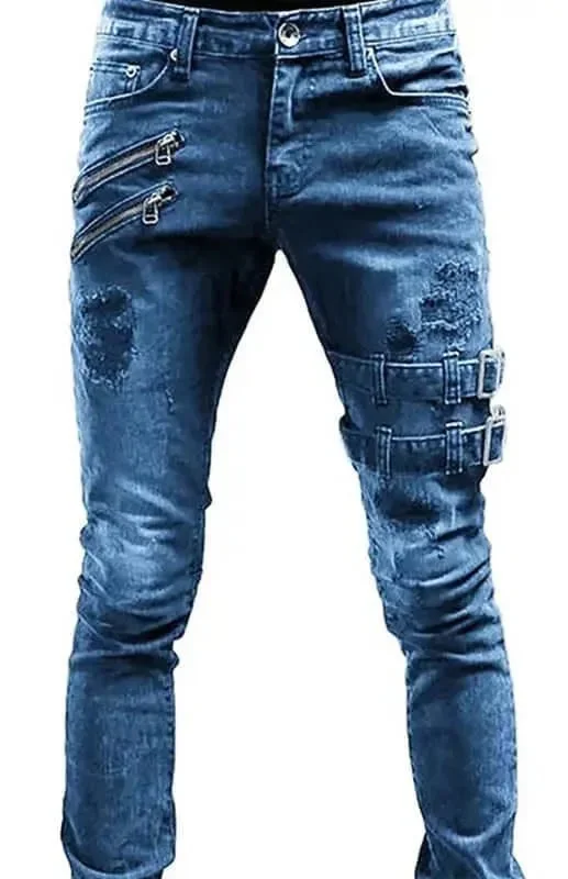 High-Waisted Bootcut Men's JeansDouble Buckled Ripped Jeans