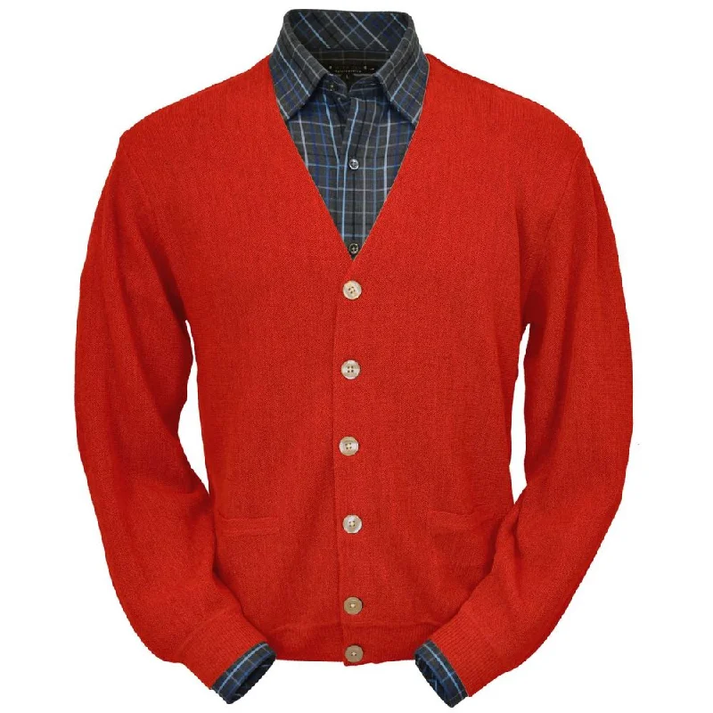 Layered Men's Vest SweatersBaby Alpaca 'Links Stitch' V-Neck Cardigan Sweater in Bright Red by Peru Unlimited