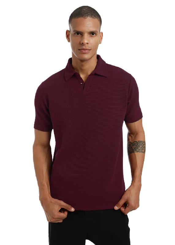 Patterned Men's Hawaiian ShirtsMaroon textured Polo T-shirt