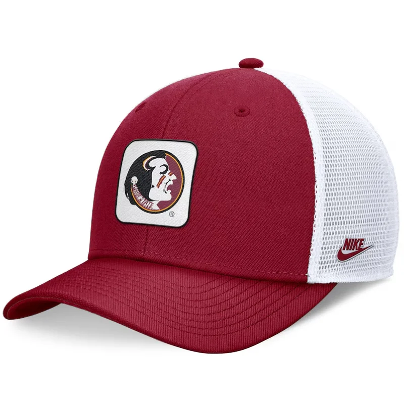 Affordable Baseball HatsNike Vault Seminole Logo Patch Rise Structured Adjustable Trucker Cap - Crimson/White