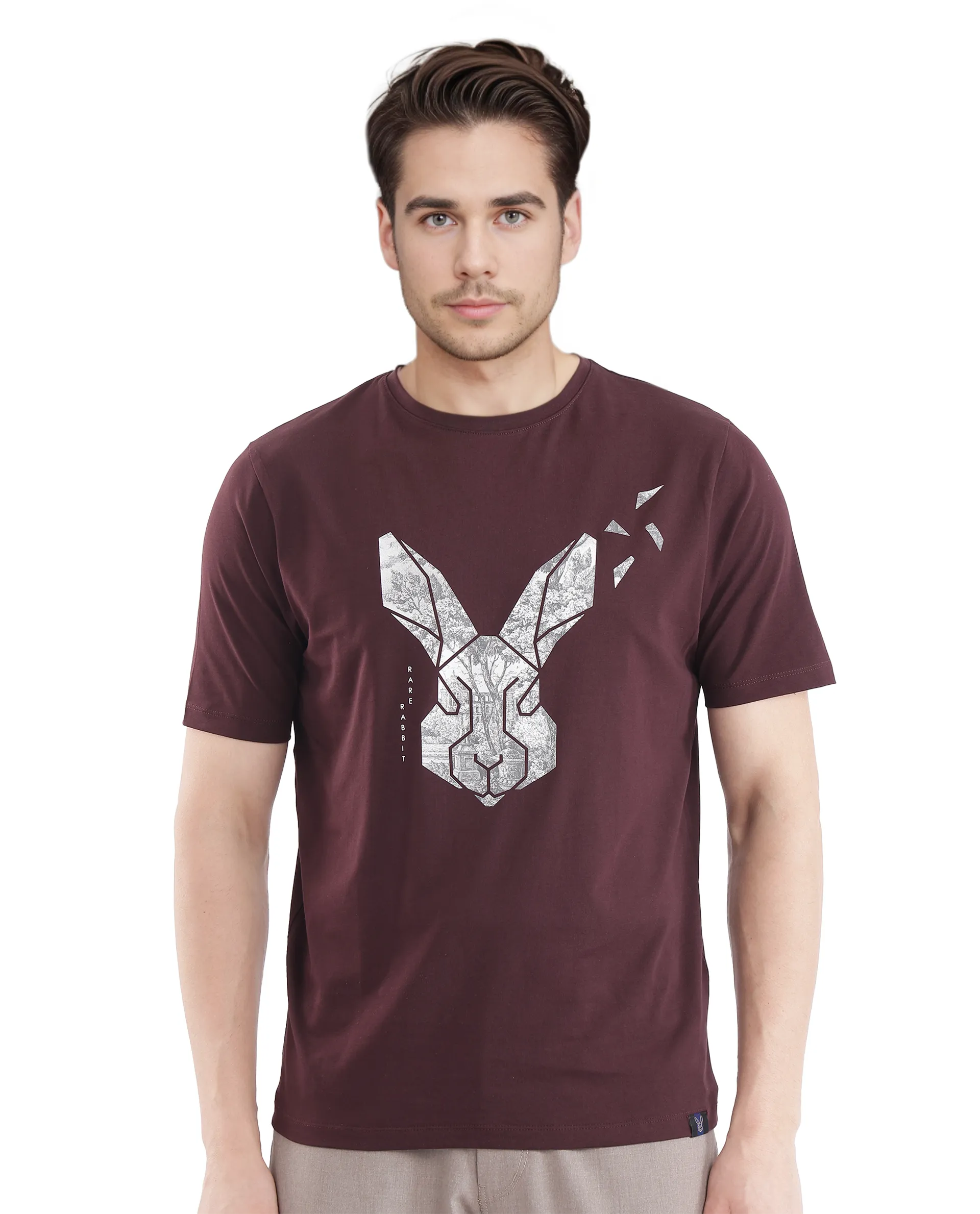 Men's Tailored Shirts for a Professional AppearanceRare Rabbit Men's Arbor-1 Maroon Cotton Lycra Fabric Short Sleeve Crew Neck Graphic Print T-Shirt