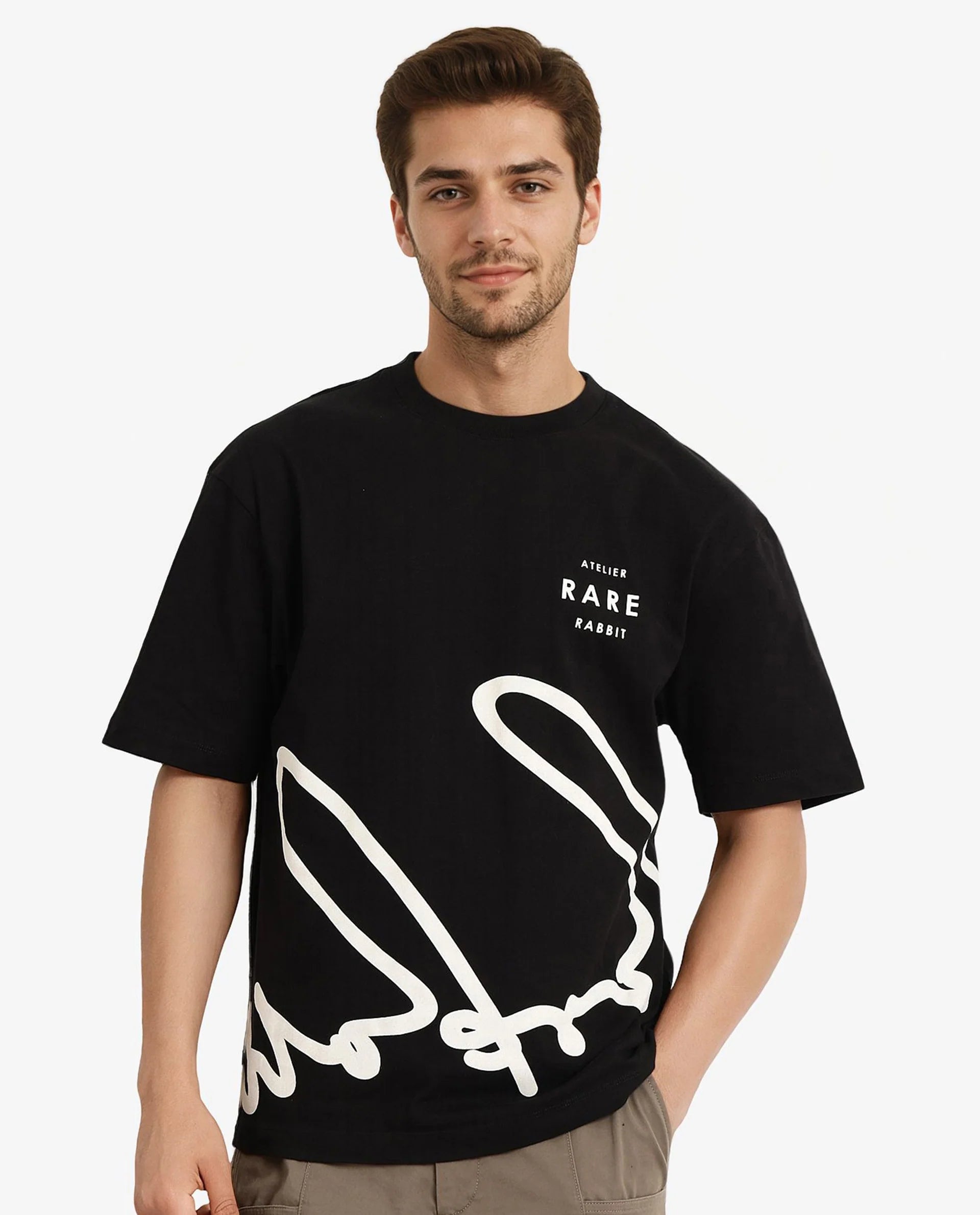 Men's Shirts with Pocket SquaresRare Rabbit Men Ther Black Cotton Fabric Short Sleeve Crew Neck Oversized Fit Graphic Signature Print T-Shirt Men's Shirts with Pocket SquaresRare Rabbit Men Ther Black Cotton Fabric Short Sleeve Crew Neck Oversized Fit Graphic Signature Print T-Shirt
