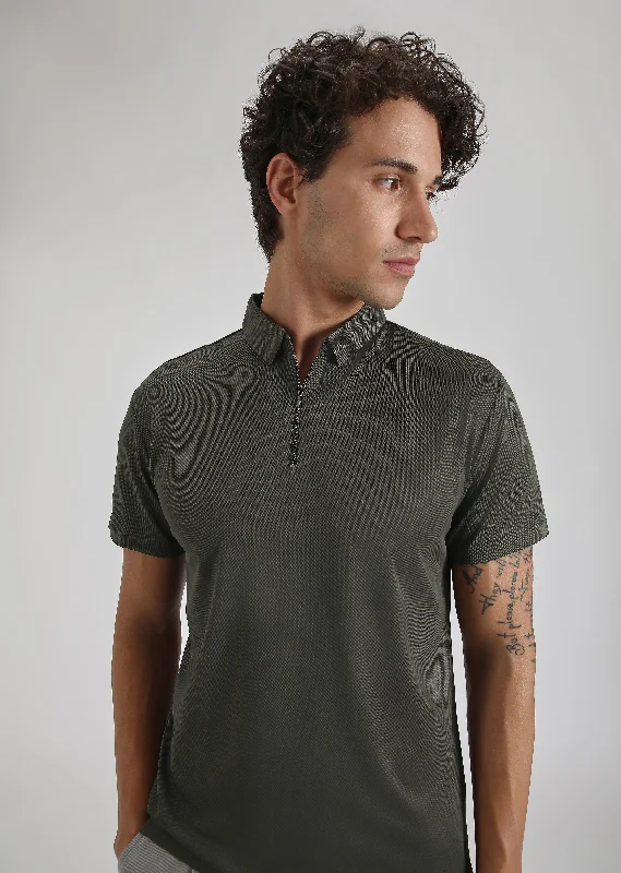 Men's Shirts with Barrel CuffsOlive Zipper Stitchless Polo T-shirt