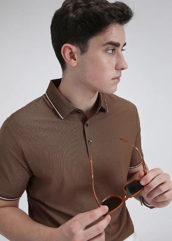Warm Men's Fleece-Lined TopsSoft Brown Stitchless Polo T-shirt