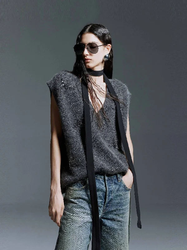 Men's Sweaters with Pockets and ZippersCrystal Decoration Knit Vest
