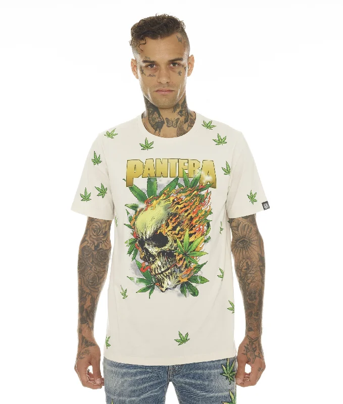 Men's Shirts with Scoop NecksT-SHIRT SHORT SLEEVE CREW NECK TEE "PANTERA 420" IN CREAM