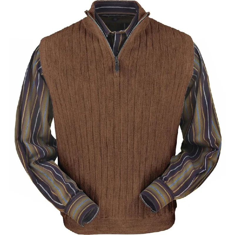 Men's Sweaters with ZippersBaby Alpaca 'Links Stitch' Ribbed Zip-Neck Sweater Vest in Khaki Heather by Peru Unlimited